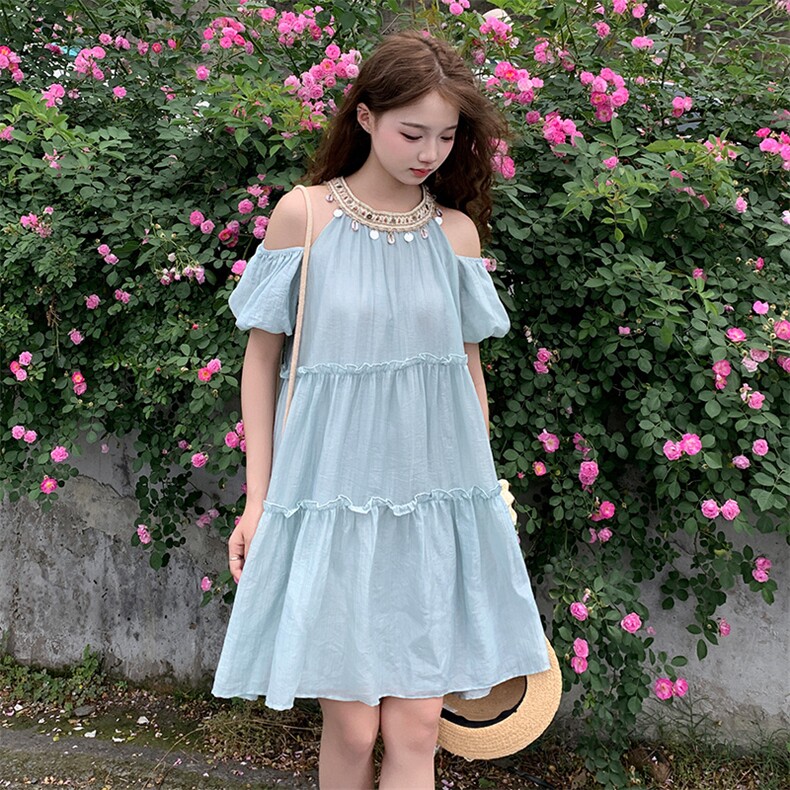 法式绝美超仙露肩连衣裙女2025夏季新款超好看亮片拼接度假风裙子,商品下架区,网红馆