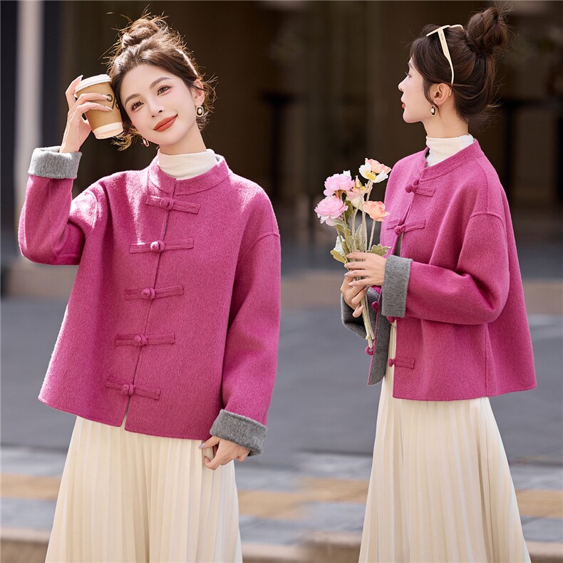 新中式复古盘扣羊毛外套2025年秋冬时髦小个子短款立领双面呢大衣，女装双面呢大衣，拾衣