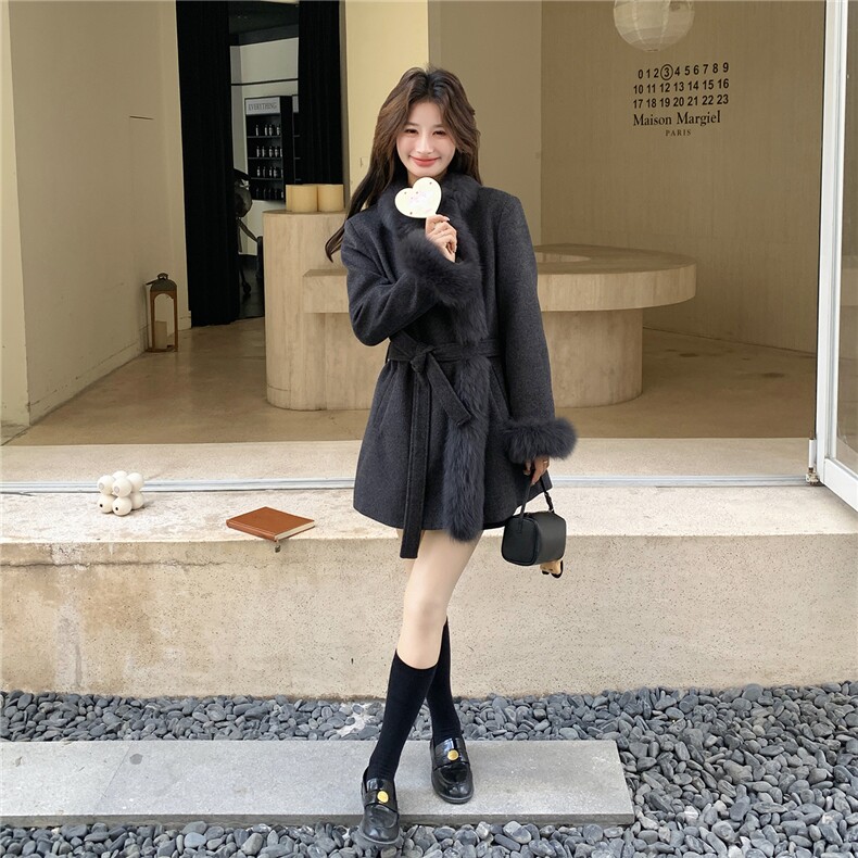 真狐狸大毛90羽绒服袖子也是羽绒新款系腰带修身显瘦中长款,女装羽绒服,2B137