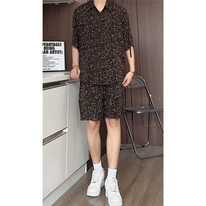 豹纹短袖衬衫男短裤男套装男M-5XL大码TZ78703P50控98立体白底图图片