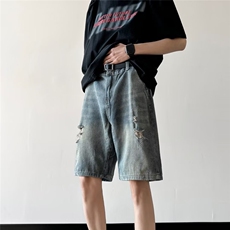 破洞牛仔短裤男夏季美式水洗痞帅裤子宽松潮牌五分裤M9111-P35，男装牛仔裤，星座1008