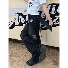 高个子加长甜酷辣妹星星贴布牛仔裤女侧边拉链设计直筒阔腿裤，男装牛仔裤，四季星座505