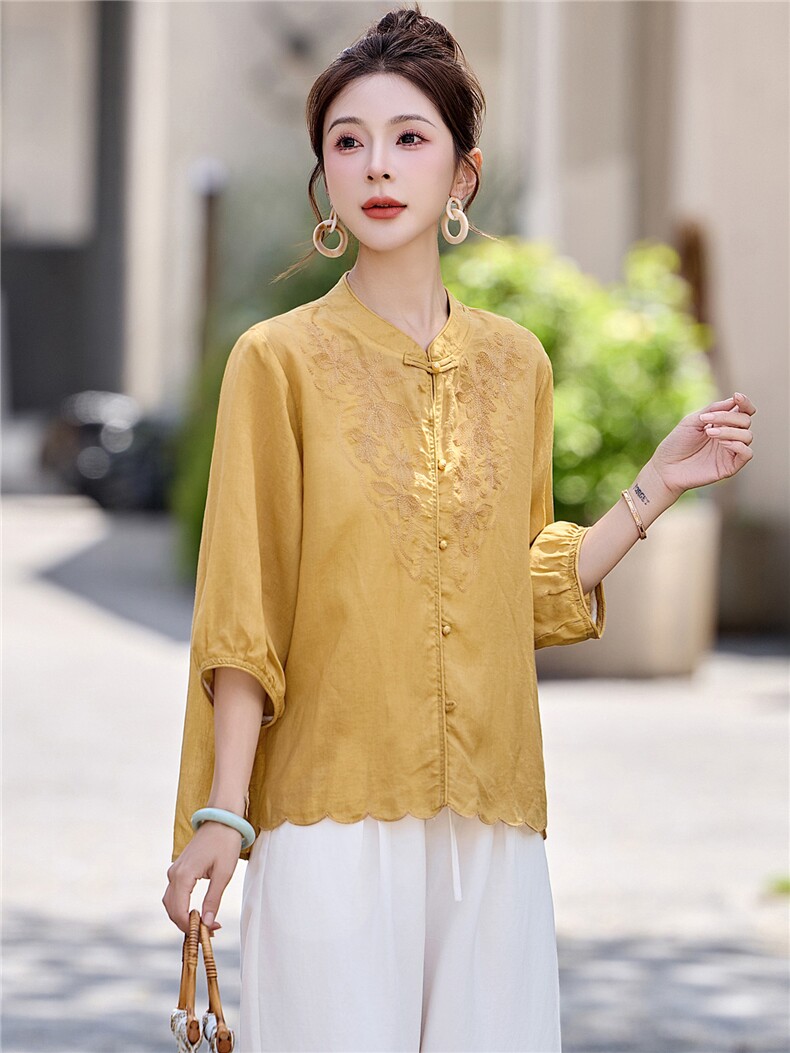 长期有货2026苎麻刺绣天丝上衣女夏季薄款中袖衬衫中老年妈妈T恤,女装衬衫,璐依舞
