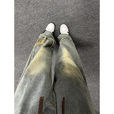 毛边豹纹口袋牛仔裤设计感小众水洗直筒工装裤NZ99特P46，男装牛仔裤，星座908-1