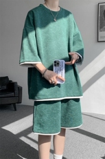 TZ775-特P50控88新款撞色拼接假2件套装短袖短裤T恤大码百搭，男装休闲套装，电商A059