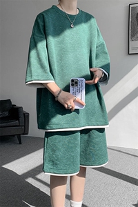 TZ775-特P50 控88 新款撞色拼接假2件套装短袖短裤T恤大码百搭图片