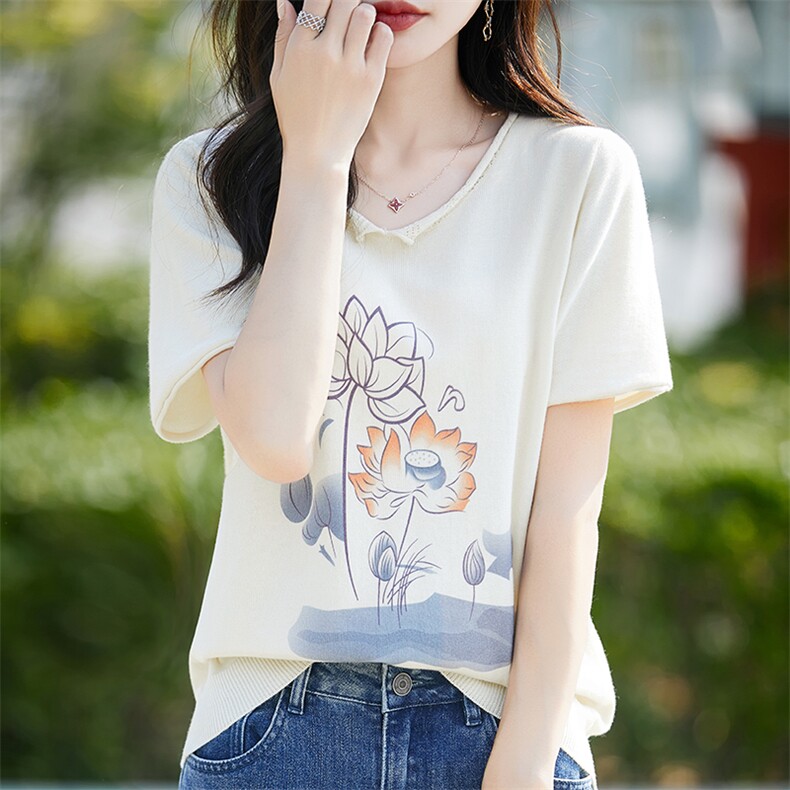 夏季新款女装纯棉短袖印花t恤女宽松文艺无色无味大码套头针织衫,针织衫/毛衣,斯美雅电商供货