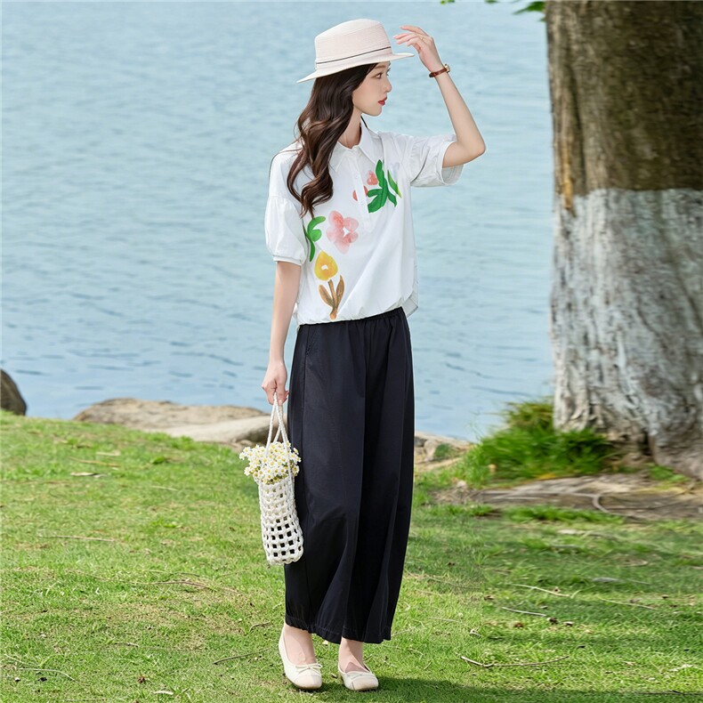 2026年夏季新款时尚水墨印花衬衫裤子两件套,女装套装/套裙,依路服饰