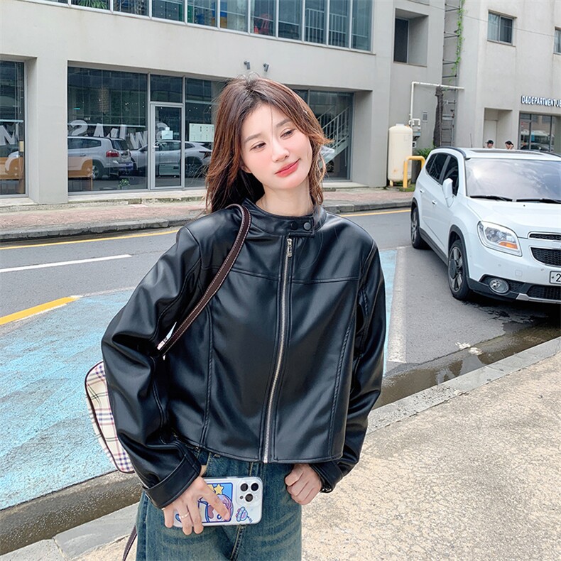 黑色复古皮衣外套女2025年秋季新款韩版小个子又酷又飒机车风夹克,女装皮衣,幸运星