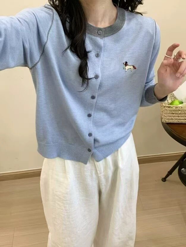 拼色宽松小狗刺绣精纺羊毛减龄开衫,针织衫/毛衣,艾米娇羊绒