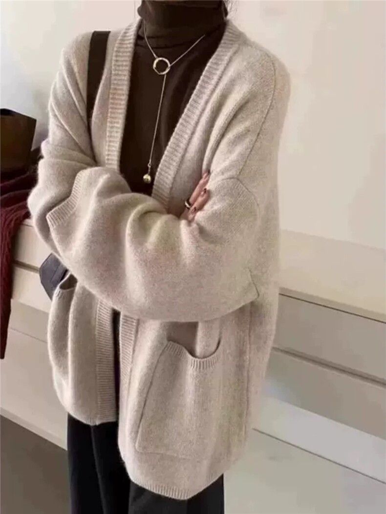 韩系v领针织开衫女秋冬新款流行软糯毛衣外套慵懒外搭,女装羊毛衫,思途羊绒