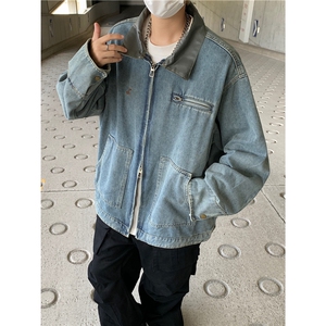 新款皮领拼接拉链款牛仔外套春秋季男款潮牌夹克图片