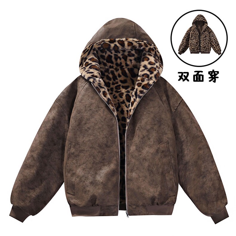 数据款座山雕荔枝纹双面穿PU皮豹加绒男女连帽棉衣PYM659P100,男装棉衣,电商A128