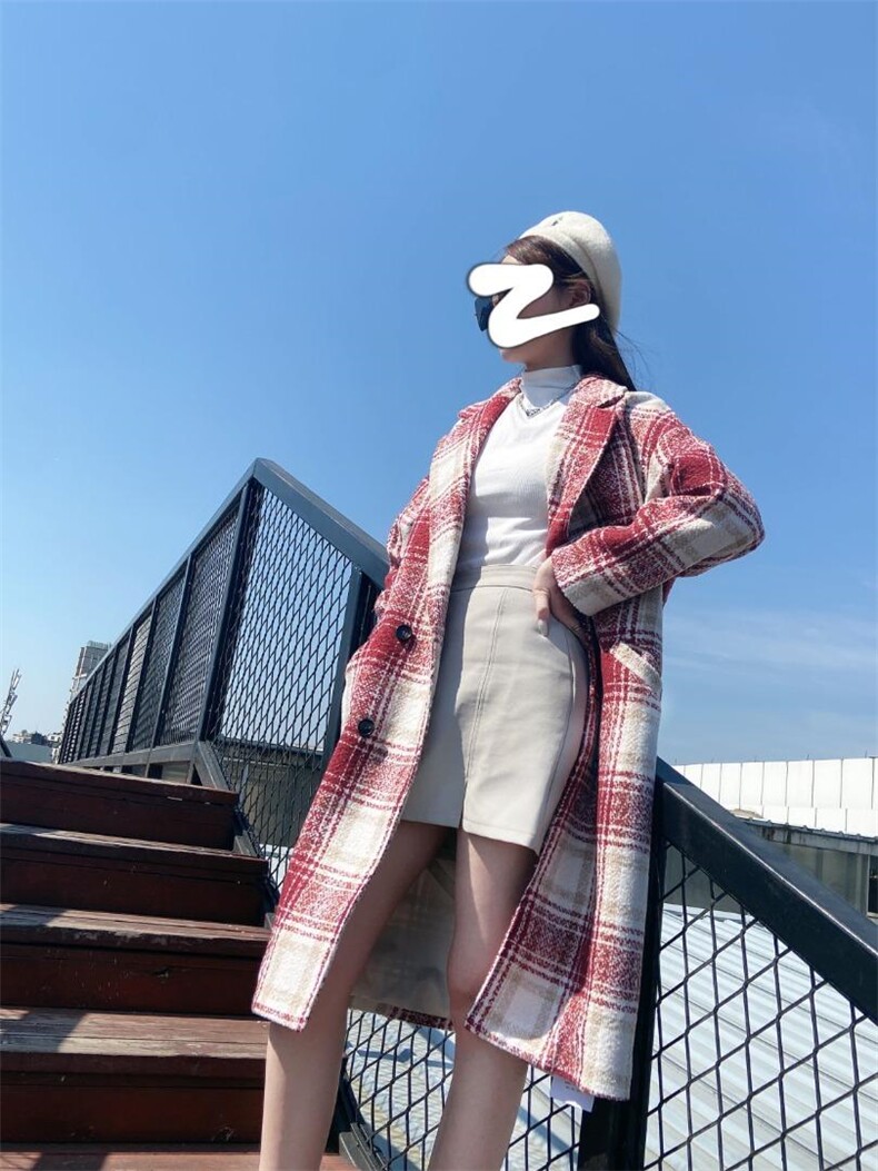 812#呢料格子长款外套，其它，米社