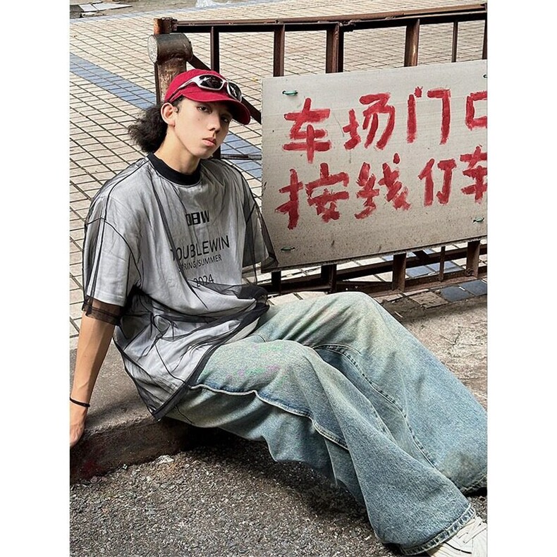 假两件网纱短袖男夏季美式痞帅高级感t恤潮牌设计感小众垫肩半袖,男装T恤,星座506A