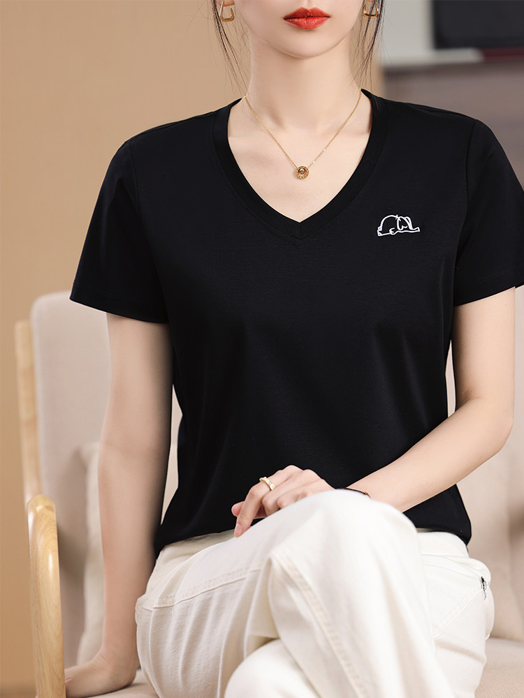 2025款夏季简约V领短袖t恤女丝光棉百搭修身上衣纯色打底衫,女装T恤,元素羊绒
