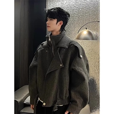 老钱风假两件短款毛呢大衣男秋冬痞帅高级感美式结构呢子风衣外套，男装风衣，星座506A