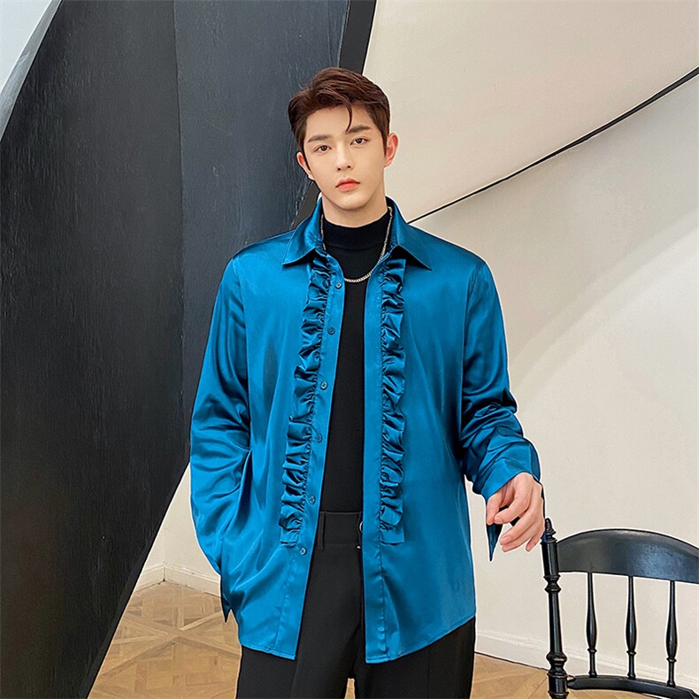 法式复古孔雀湖蓝醋酸木耳边舞台装宴会衬衫C0208P75,男装衬衫,电商C219