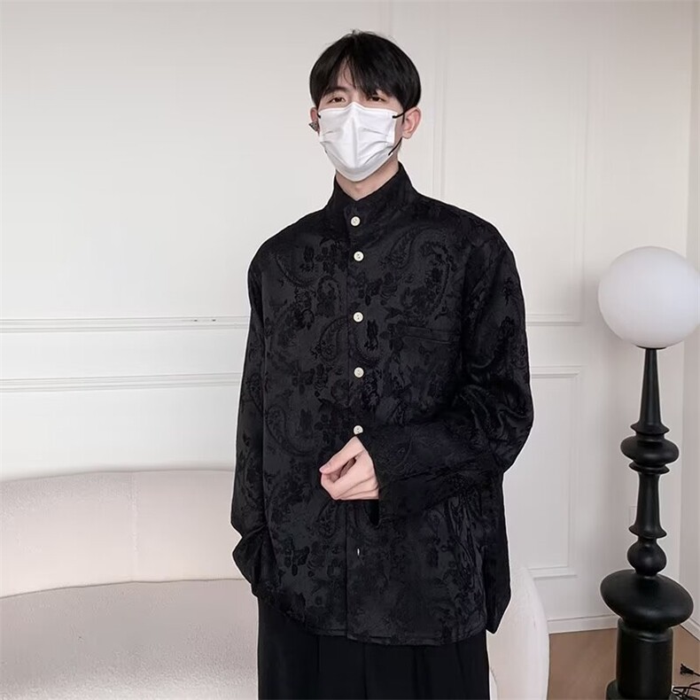高级感法式小众衬衫男宽松休闲提花衬衣青年雅痞帅气韩版外穿上衣图片