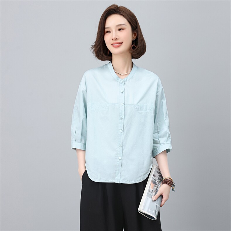 纯棉衬衫女七分袖2025夏装新款时尚漂亮小衫中年妈妈衬衣中袖上衣,女装衬衫,涵誉