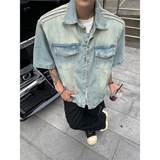 小众复古垫肩牛仔短袖衬衫套装杠条设计感水洗牛仔裤JW066，男装牛仔裤，星座1116A-1（原606A）
