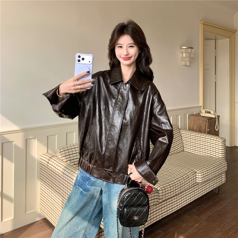 新款~~咖色短款皮衣外套W674P175K288,女装短外套,2C209