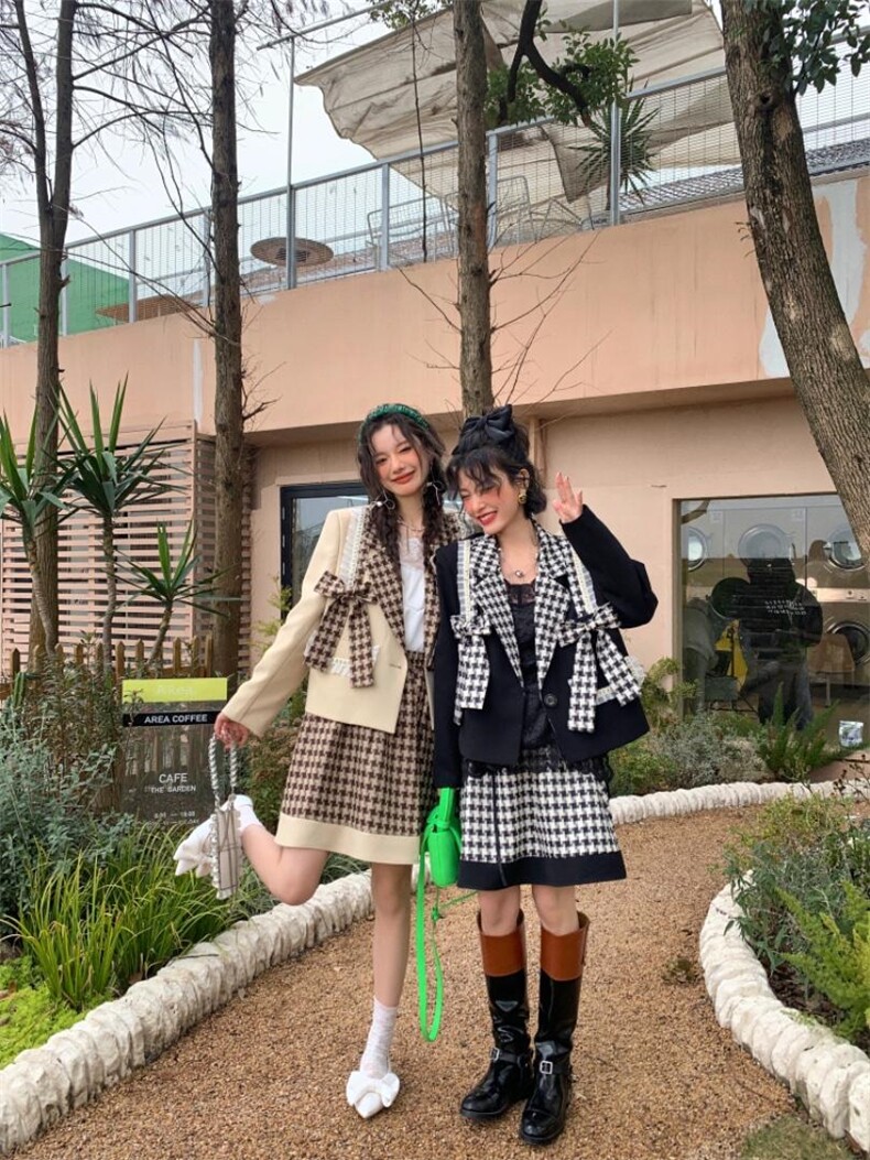 两色蝴蝶结格纹套装，女装职业装，YOUER DENG