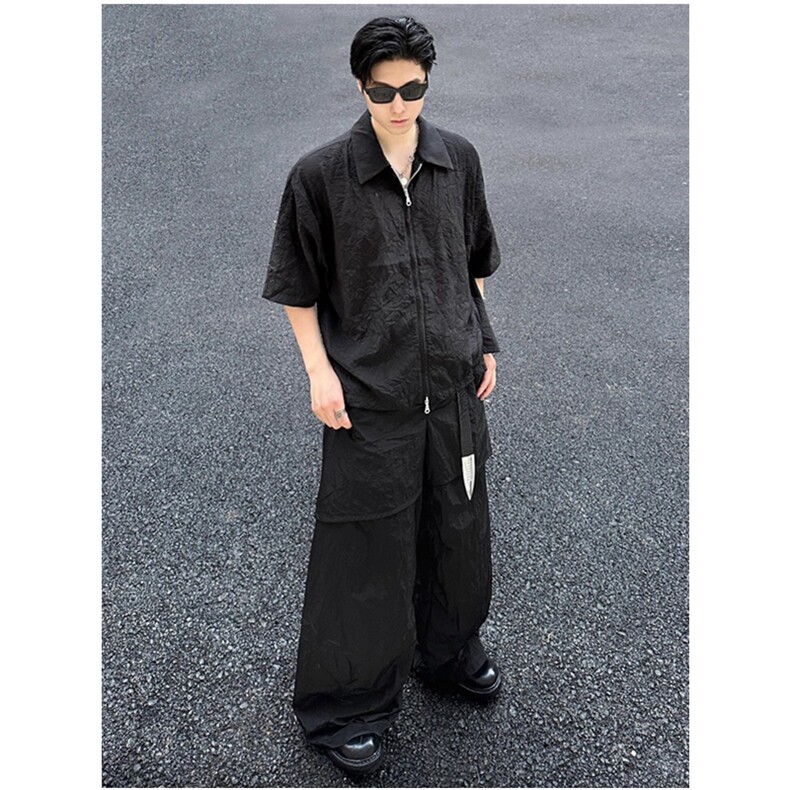 夏季cleanfit皱褶纹理拉链情侣衬衫短袖上衣宽松小众LHT644-p35,男装衬衫,星座1008