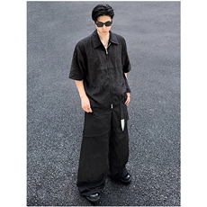 夏季cleanfit皱褶纹理拉链情侣衬衫短袖上衣宽松小众LHT644-p35，男装衬衫，星座1008