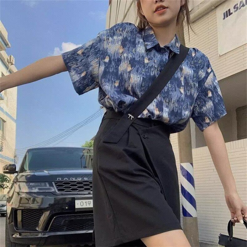 Q152/P32夏季美式复古潮牌小众扎染印花痞帅短袖衬衫上衣男女,男装衬衫,星座1506