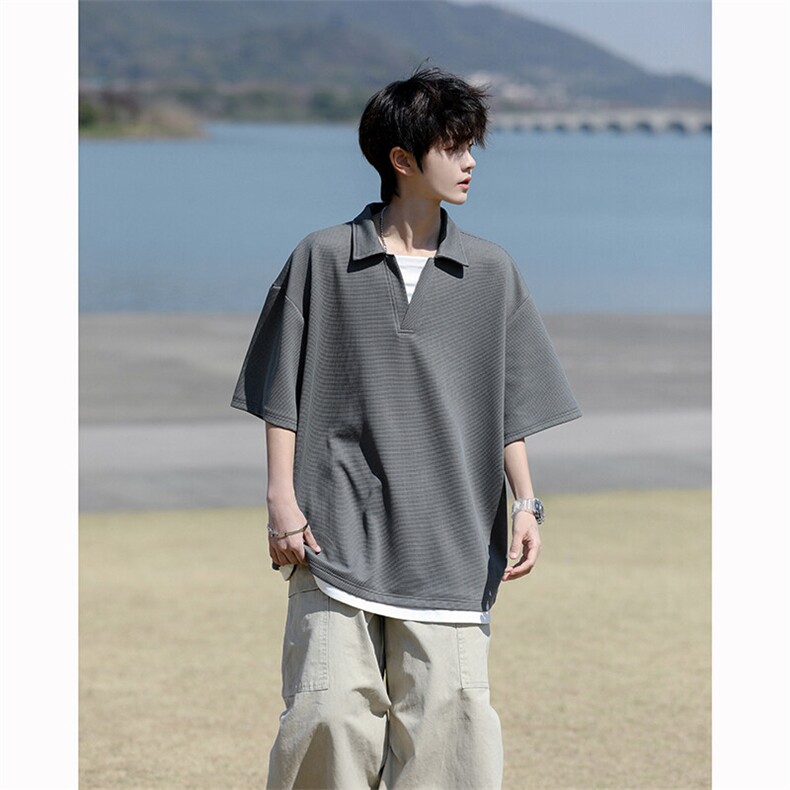 8XL-M假两件V领短袖t恤男夏翻领半袖宽松重磅华夫格大码DT001P40,男装T恤,电商B312