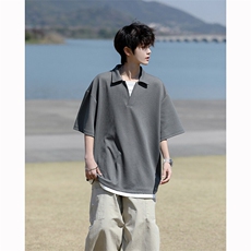 8XL-M假两件V领短袖t恤男夏翻领半袖宽松重磅华夫格大码DT001P40，男装T恤，电商B312