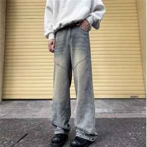 复古水洗做旧牛仔裤男小众设计高街vibe拖地微喇叭长裤KU25/P45图片
