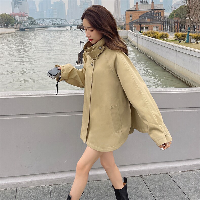 卡其色休闲短款风衣外套女2025春季新款高级感时尚炸街斗篷大衣潮,女装风衣,浙宝276（原081）