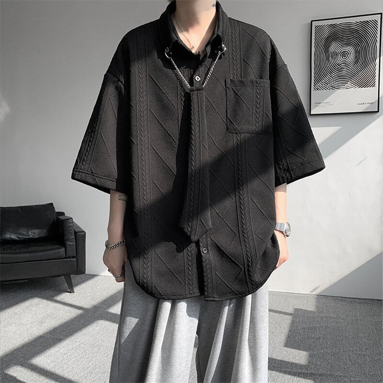现货CS1126-特P38小众肌理感设计感大码衬衫男（含领带可拆卸）,男装衬衫,电商A059