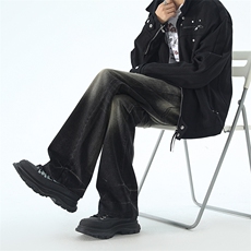 B221美式ins高街暗黑松紧腰宽松直筒牛仔裤LK24318-特P45控78，男装牛仔裤，电商B221