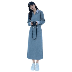高端轻奢撞色拼接衬衫领卫衣套装女秋季新款时尚休闲半身裙两件套，女装套装/套裙，2C310