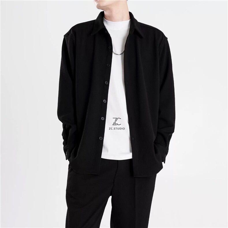 轻熟小众垂感宽松时尚纯色简约衬衫套装肌理感两件套TZ51/P185,男装衬衫,电商A243