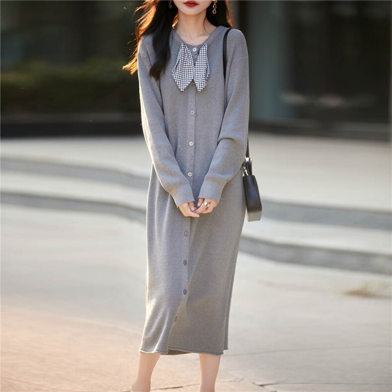 法式飘带领针织连衣裙女亲肤孕妇直筒宽松显瘦保暖毛衣裙过膝长裙，女装连衣裙，绒汀羊绒