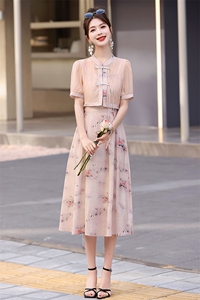 新中式国风套装女2025夏季新款气质薄款盘扣外套碎花连衣裙两件套图片