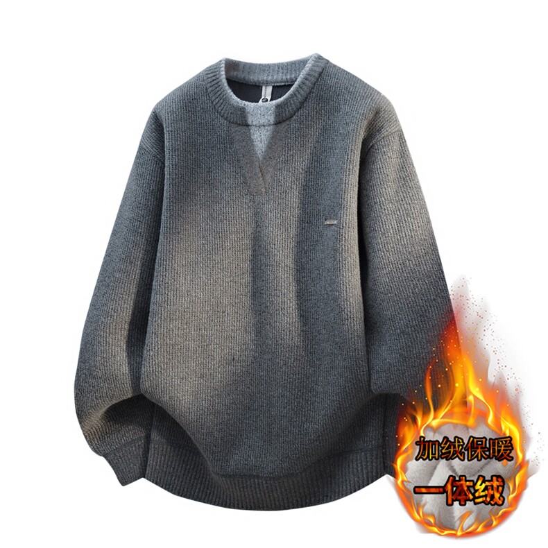 MY7349-TP60一体绒假两件V领针织衫男打底衫长袖加绒毛衣外套，男装T恤，电商A320