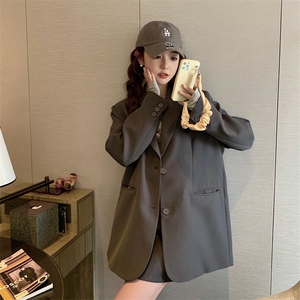 灰色后开叉小众设计感西装外套女2023春秋新款韩系小个子宽松西服图片
