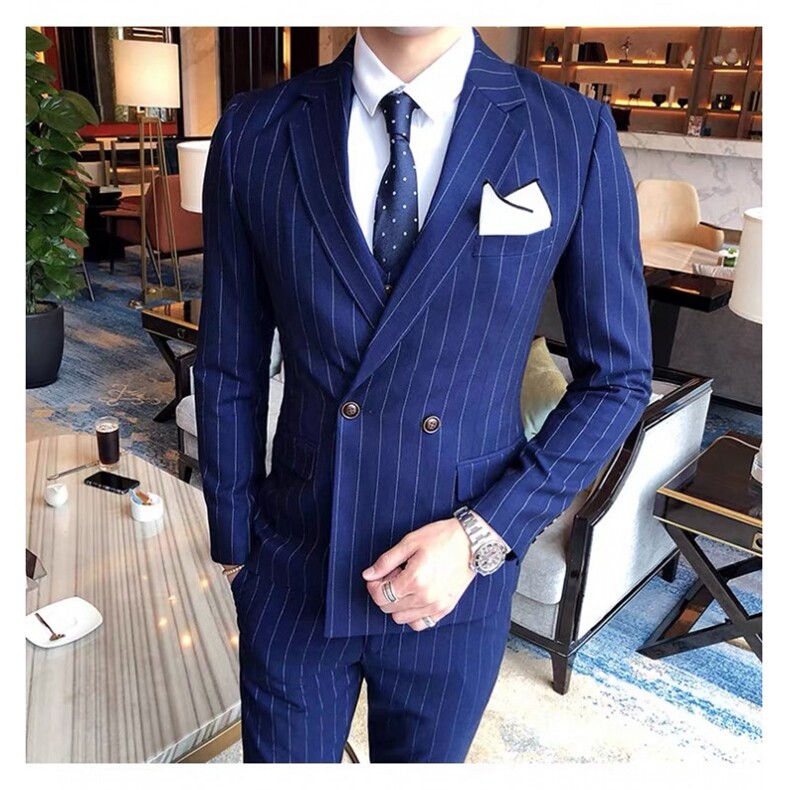 条纹两粒扣男西服套装三件套商务英伦西装7001-P285,男装西服套装,星座1012