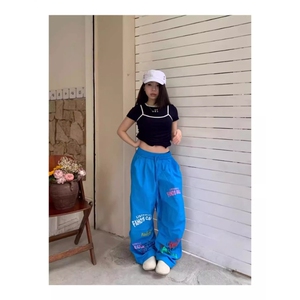 夏季薄款蓝色休闲阔腿美式运动裤透气轻薄欧美休闲裤女图片