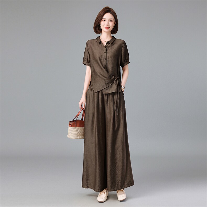 天丝亚麻衬衫套装女2025夏新款中年妈妈宽松洋气减龄阔腿裤两件套,女装套装/套裙,深水步