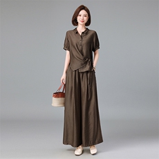 天丝亚麻衬衫套装女2025夏新款中年妈妈宽松洋气减龄阔腿裤两件套，女装套装/套裙，深水步