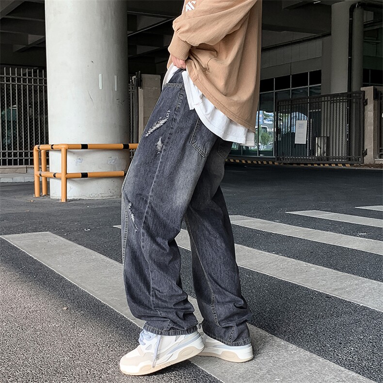 牛仔裤男春秋季美式高街水洗破洞潮牌宽松直筒休闲长裤N01068-P45,男装牛仔裤,星座308B-2