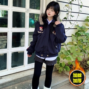现货高品质美式高街重磅刺绣座山雕大毛毛领棉衣男女加厚棉服外套图片
