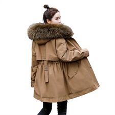 棉衣/棉服2021新款冬仿羊羔毛中长款工装带帽棉服女外套配毛领，女装派克服，瑶迪依秀