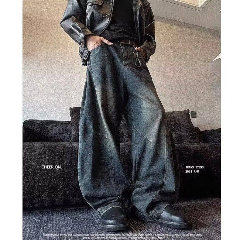 美式复古弯刀裤做旧男女小众阔腿宽松痞帅牛仔裤子LN10499-p58,男装牛仔裤,星座1008
